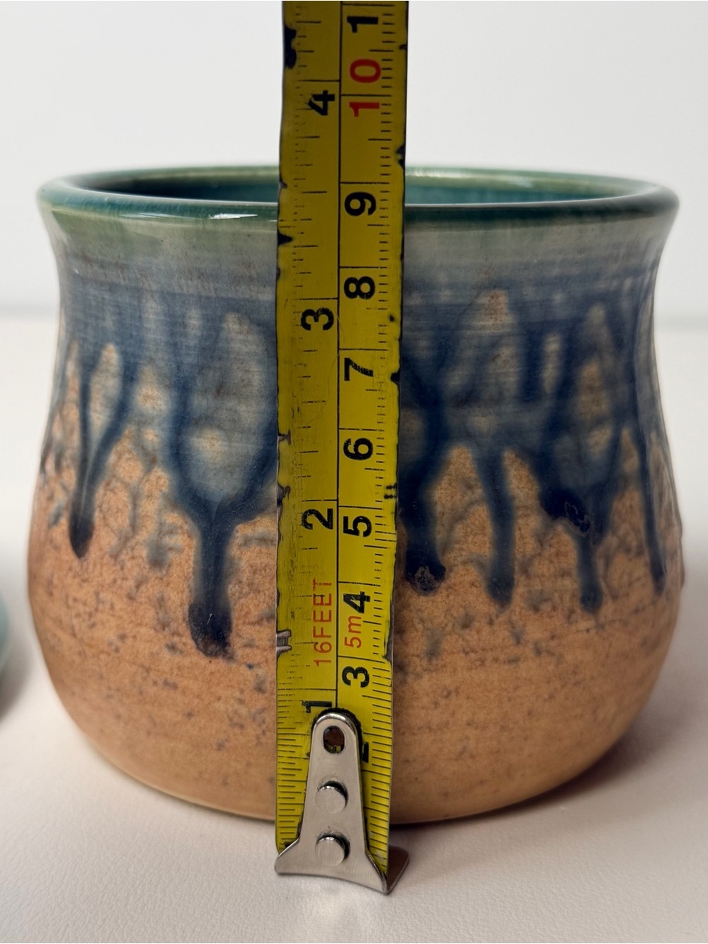 Handmade Studio Pottery French Butter Keeper Crock Drip Glaze Green Blue Tan Art - Picture 6 of 8